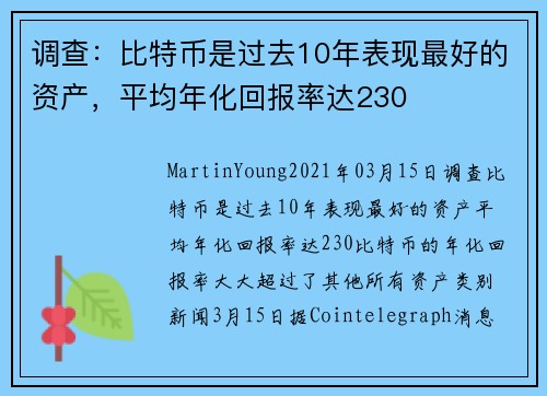 调查：比特币是过去10年表现最好的资产，平均年化回报率达230 