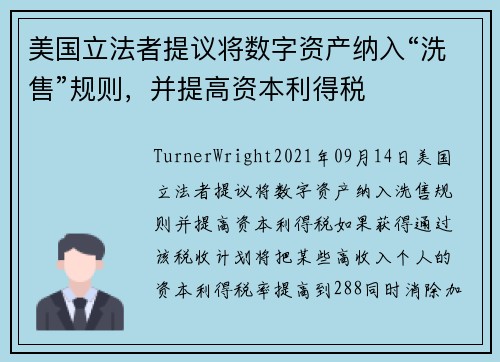 美国立法者提议将数字资产纳入“洗售”规则，并提高资本利得税 
